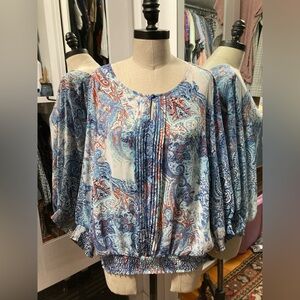 Roz & Ali- Paisley Print 3/4 Sleeve Top, Blue & White w/touch of Orange, Size XL